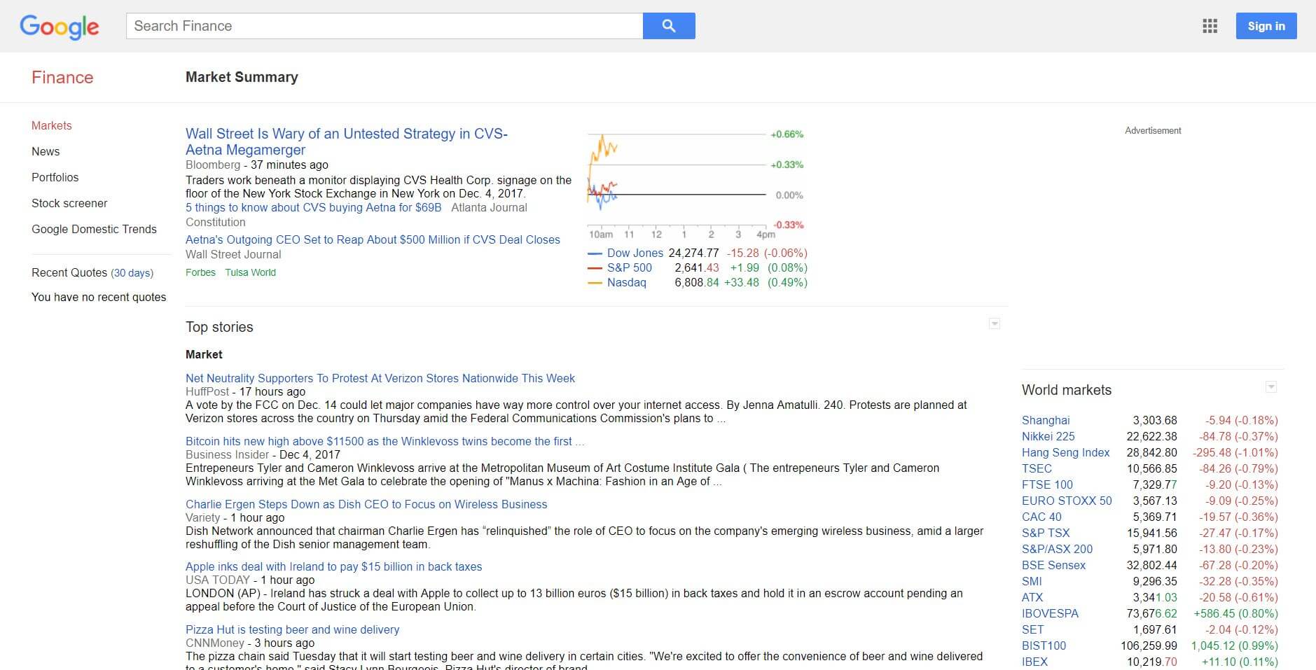 The former layout of Google Finance, with more content