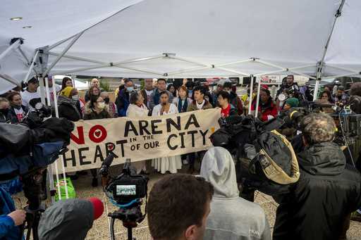 Opponents of the Sixers plan to build a new arena inCenter City hold a press conference outside Cit…