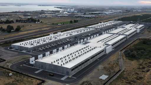 Amazon Web Services data center is seen at night on Thursday, August 22, 2024, in Boardman, Ore