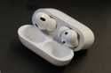 A pair of Apple AirPods Pro 2 are displayed on a table at Brooklyn College's audiology clinic in Ne…