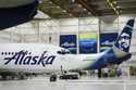 Alaska Airlines aircraft sits in the airline's hangar at Seattle-Tacoma International Airport, Janu…