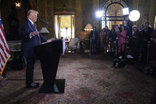 President-elect Donald Trump speaks during a news conference at Mar-a-Lago, January 7, 2025, in Pal…