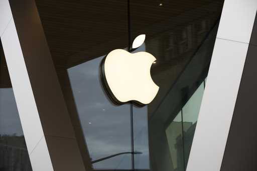 An Apple logo adorns the facade of the downtown Brooklyn Apple store on March 14, 2020, in New York…