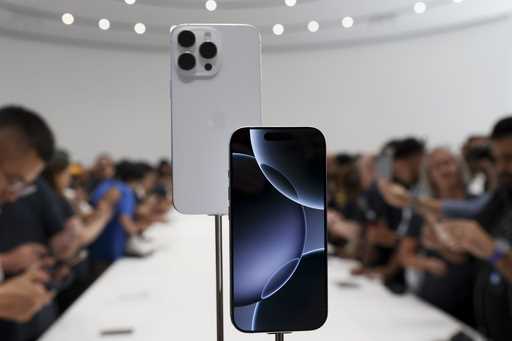 The new iPhone 16 is displayed during an announcement of new products at Apple headquarters Monday,…