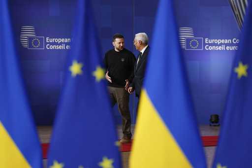 Ukraine's President Volodymyr Zelenskyy, left, speaks with European Council President Antonio Costa…