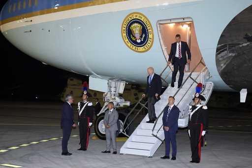 President Joe Biden arrives on Air Force One at Brindisi International Airport, Wednesday, June 12,…