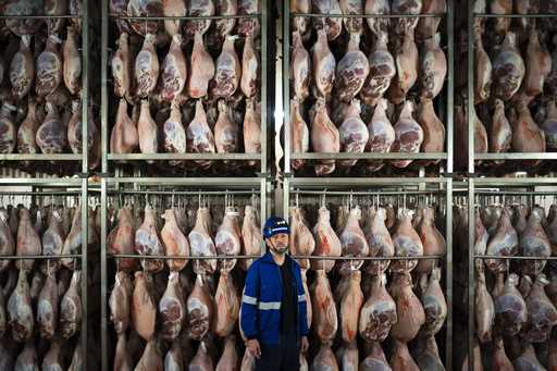 Víctor Razuri, 41, from Peru, poses in a ham drying plant in Guissona, Lleida, Spain, Thursday, Feb…