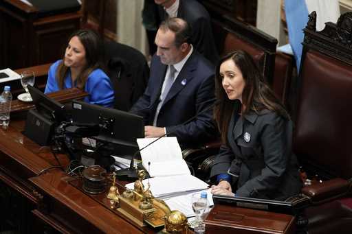 Argentine Vice President and Senate President Victoria Villarruel speaks before casting the tie-bre…