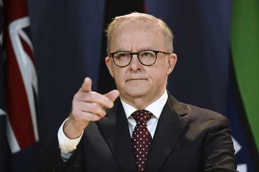 Australian Prime Minister Anthony Albanese gestures during a press conference in Sydney, Wednesday,…