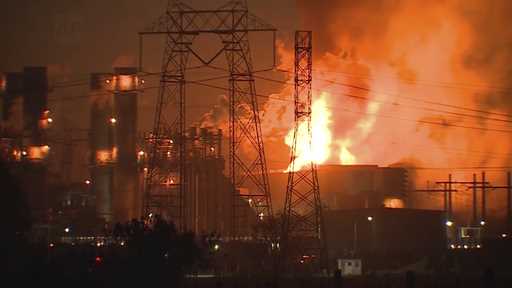 Flames and smoke from a fire fill the sky at the Moss Landing Power Plant Thursday January 16, 2025…