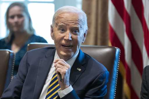 President Joe Biden speaks during a meeting with the members of his cabinet and first lady Jill Bid…