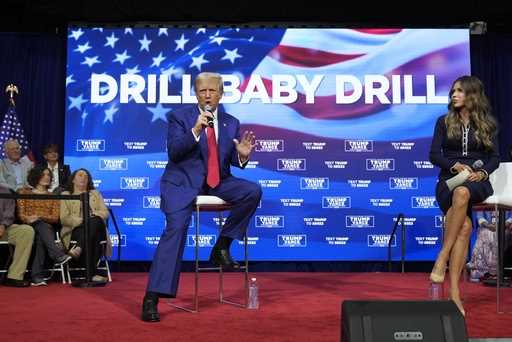 Republican presidential nominee former President Donald Trump speaks at a campaign town hall at the…