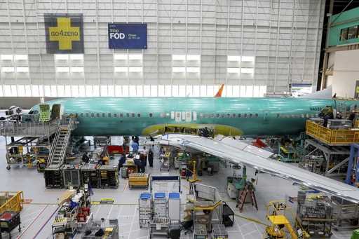 A Boeing 737 MAX aircraft is shown on the assembly line during a brief media tour at the Boeing fac…