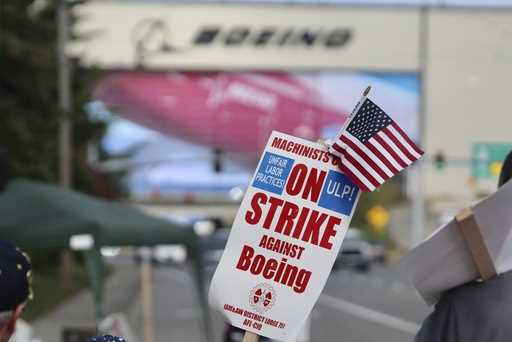 A strike sign is waved on the union machinist picket line near Boeing's factory in Everett, Washing…