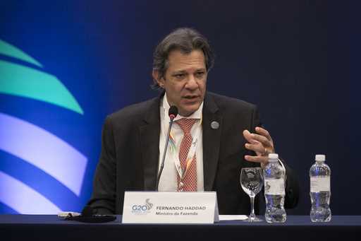 Brazilian Economy Minister Fernando Haddad attends a press conference to review the G20 Finance Min…
