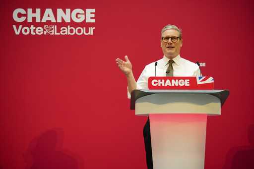 Britain's Labour Party leader Keir Starmer speaks on stage at the launch of The Labour party's 2024…