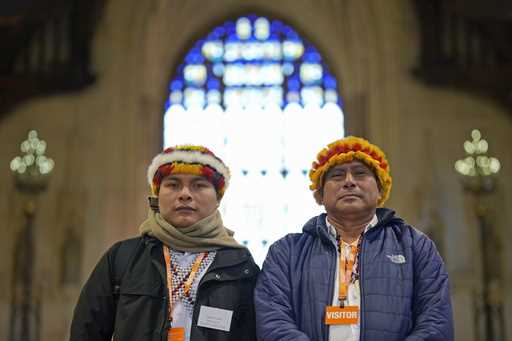 Indigenous leaders from the Wampis Nation in Peru, Tsanim Evaristo Wajai Asamat, left, and Pamuk Te…