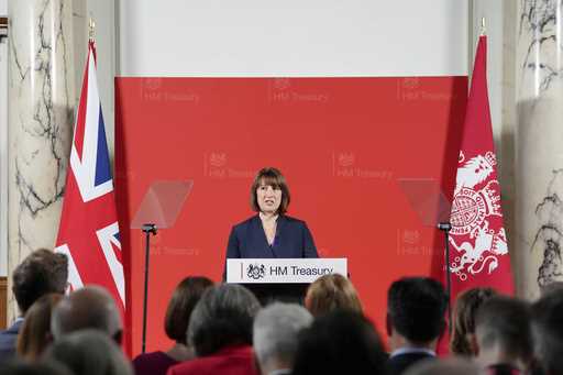 Britain's Chancellor Rachel Reeves delivers a speech at the Treasury to an audience of leading busi…
