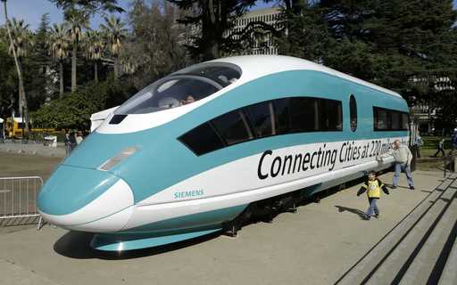 A full-scale mock-up of a high-speed train, is displayed at the Capitol in Sacramento, Calif