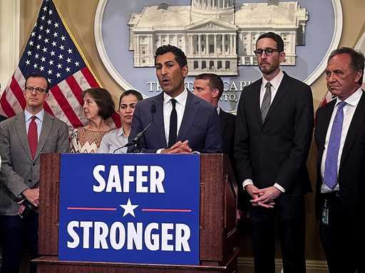 California Assembly Speaker Robert Rivas speaks at a press conference on a legislative package to c…