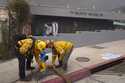 Firefighters work a hydrant in front of the burning Bunny Museum, Wednesday, January 8, 2025, in th…