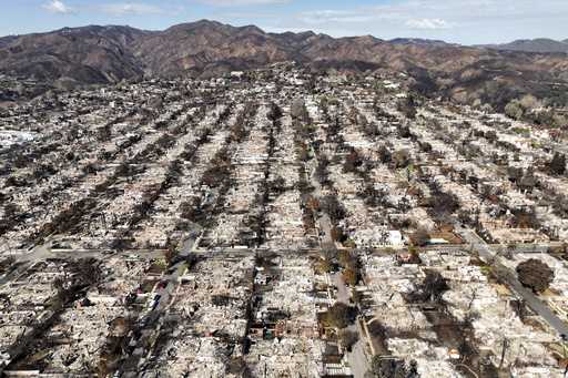 The devastation from the Palisades Fire is shown in an aerial view in the Pacific Palisades neighbo…