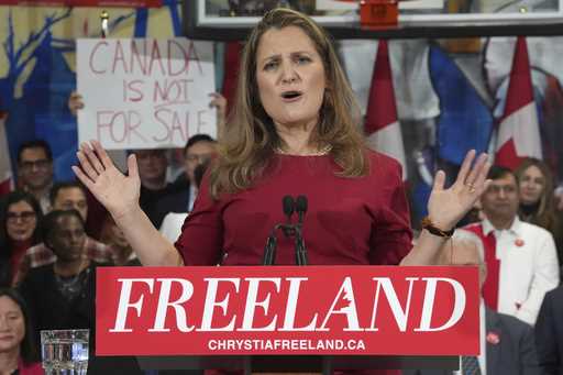 Canada's former Finance Minister Chrystia Freeland speaks at a press conference in Toronto on Sunda…