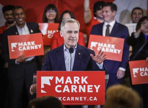 Liberal Party of Canada leadership candidate Mark Carney addresses supporters in Calgary, Alberta, …