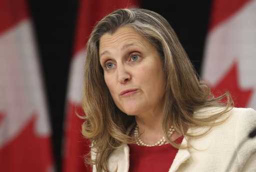 Minister of Finance and Deputy Prime Minister Chrystia Freeland speaks at a press conference in Ott…