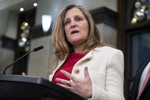 Minister of Finance and Deputy Prime Minister Chrystia Freeland delivers remarks on Parliament Hill…