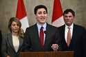 Canadian Prime Minister Justin Trudeau addresses media members after U