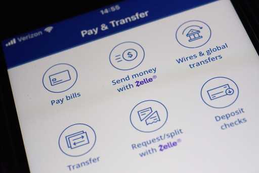 Options to use the Zelle payments network are seen on a mobile banking app in New York on Friday, D…