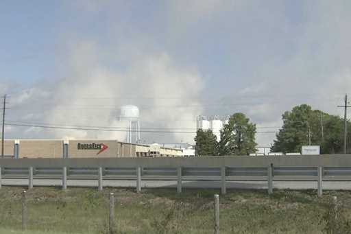 In this image taken from video from WSB-TV, smoke rises from the roof of a BioLab plant, Sunday, Se…