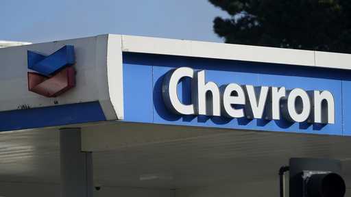 A Chevron logo is shown at a gas station in San Francisco, October 23, 2023