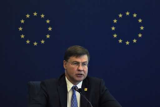 European Executive Vice President and Commissioner for Economy and Trade Valdis Dombrovskis speaks …