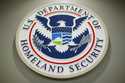 The Department of Homeland Security logo is seen during a news conference in Washington, February 2…