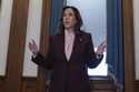 Vice President Kamala Harris talks to reporters after presiding over a joint session of Congress to…