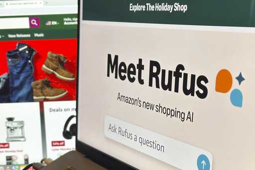 Amazon's generative AI-powered shopping assistant, known as Rufus, appears on a computer monitor in…