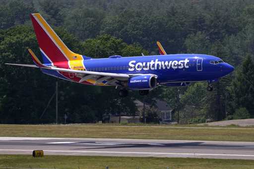 Southwest Airlines Boeing 737 lands at Manchester Boston Regional Airport, June 2, 2023, in Manches…