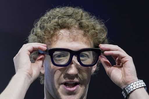 Mark Zuckerberg wears a pair of Orion AR glasses during the Meta Connect conference on Sept