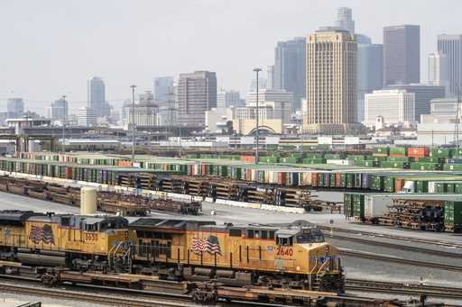 The Los Angeles skyline is seen above the Union Pacific LATC Intermodal Terminal is seen on April 2…