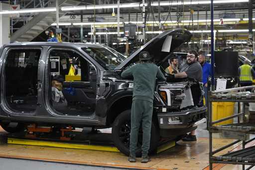 A 2024 Ford F-150 truck is assembled at the Dearborn Truck Plant, Thursday, April 11, 2024, in Dear…