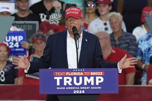 Republican presidential candidate former President Donald Trump speaks at a campaign rally, July 9,…