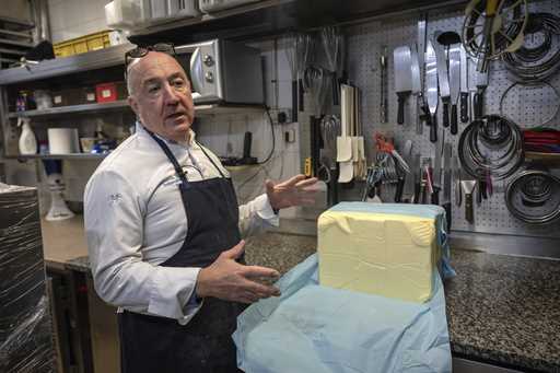 French baker Arnaud Delmontel talks about butter, its price and quality in his bakery in Paris, Mon…