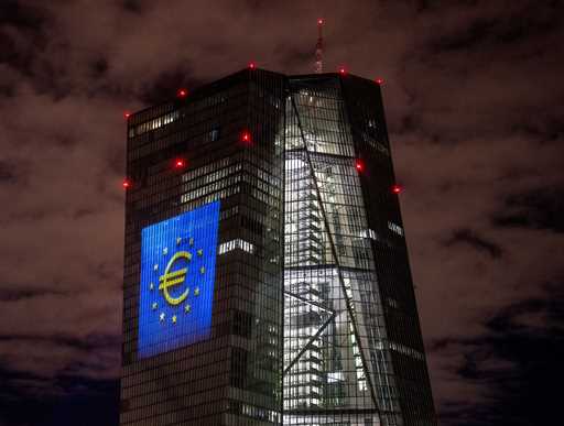 A light installation is projected onto the building of the European Central Bank during a rehearsal…