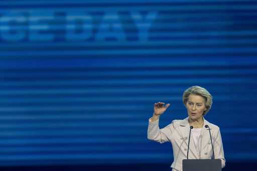 European Commission President Ursula von der Leyen speaks at the historic synchronisation of the Ba…