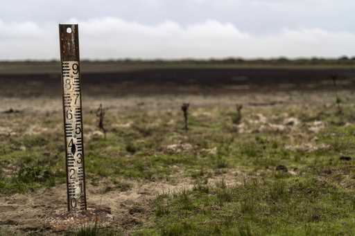 A water meter stands in a dry wetland in Donana natural park, southwest Spain, on October 19, 2022