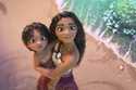 This image released by Disney shows the characters Moana, voiced by Auli'i Cravalho, holding Simea,…