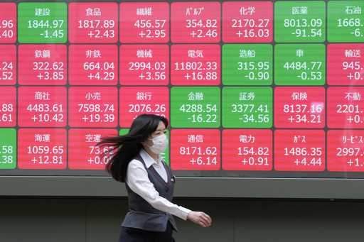 People walk past an electronic stock board showing the sectors' index of Japanese stocks outside a …