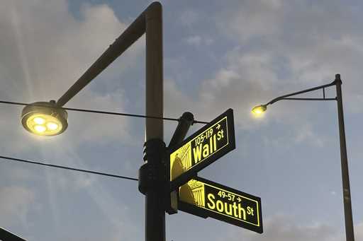 Signs mark the intersection of Wall and South Streets in New York's Financial District on November …